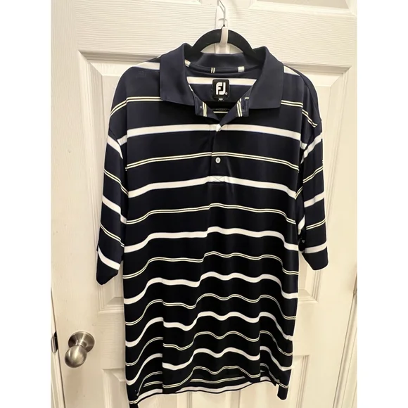 FootJoy FJ Golf Polo Shirt Stretch Men's Size Large Blue Yellow White Striped - Picture 1 of 10